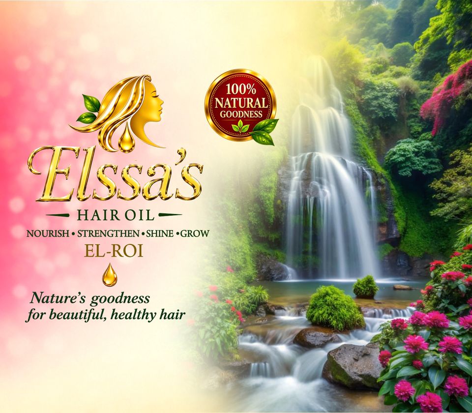 A lush waterfall surrounded by green foliage and pink flowers, representing natural ingredients